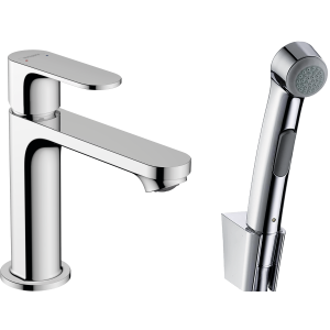 Смеситель для раковины hansgrohe Rebris S 110 без сливного гарнитура, с гигиеническим душем 72215670, матовый черный 72215000_cfg - фото 173589